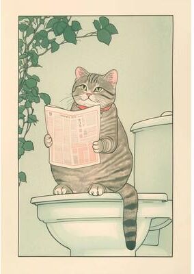 Inspire Select Japanese Tabby Cat Bathtub Canvas Wall Art Japandi Retro Aesthetic Bathroom Poster 9 7.9 11.8 In Unframed