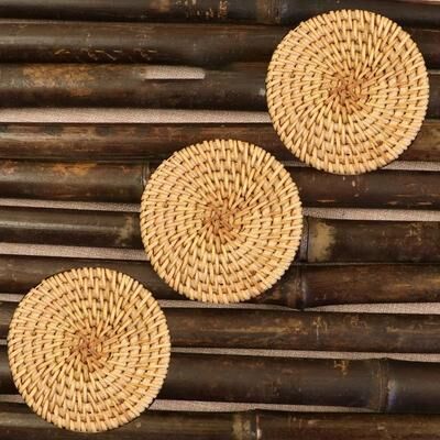 Uplifted Finds Rattan Weave Drink Coasters Heat Resistant Cup Mats For Table Protection 3 Pcs (8cm)