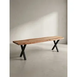 Esszimmerbank Massivholz Metall Baumkante X-Beine, Akazie 160x40x46 cm