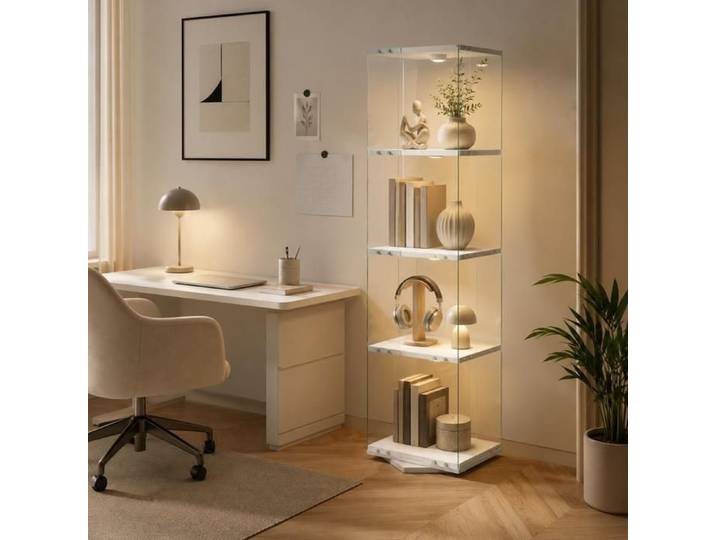Vitrine Rotative 360° avec Éclairage LED Vitrine en Verre avec 4 Étagères Vitrine sur pied Anti-basculement Blanc