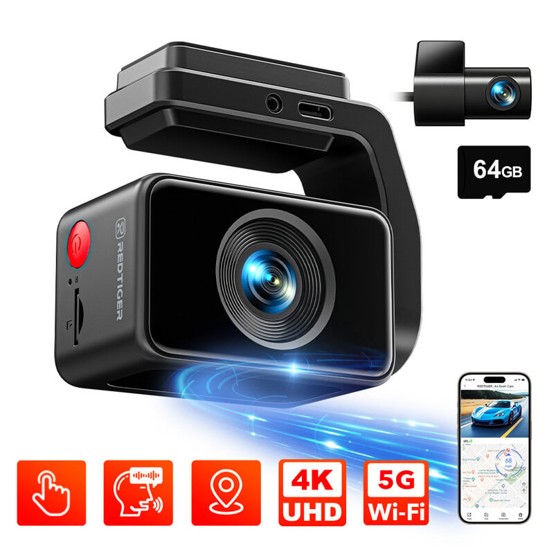 REDTIGER A4 Dashcam voor en achter, 4K Auto-dashcamera met GPS, 5G-wifi, Touchscreen, 64GB-kaart en Spraakbesturing