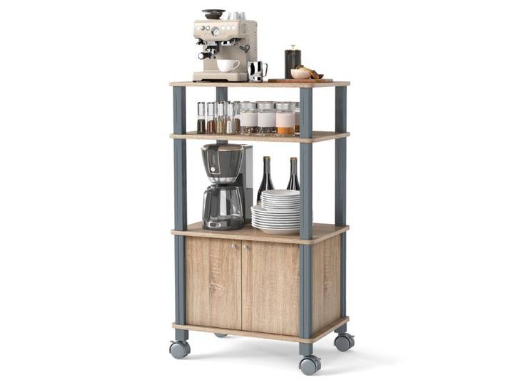GIANTEX Étagère de Micro-Ondes à Roulettes-Desserte de Cuisine-Meuble de Rangement avec Portes-Étagères Ouvertes-60x40x98cm-Naturel
