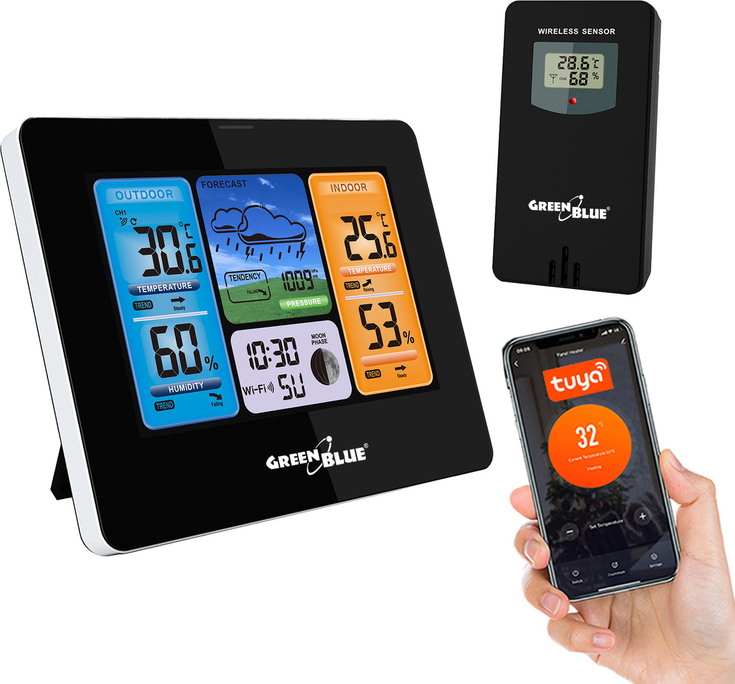 GreenBlue Weerstation met WiFi, App en Maanfasen, IPX4-bescherming, GreenBlue