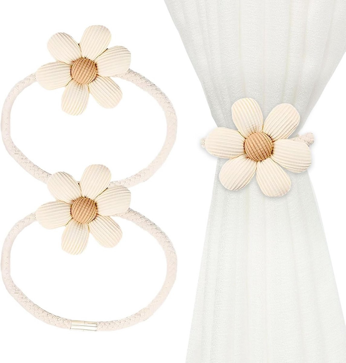 Magnetische Gordijn Tiebacks Bloemvormig - Decoratieve Gordijnbanden Beige