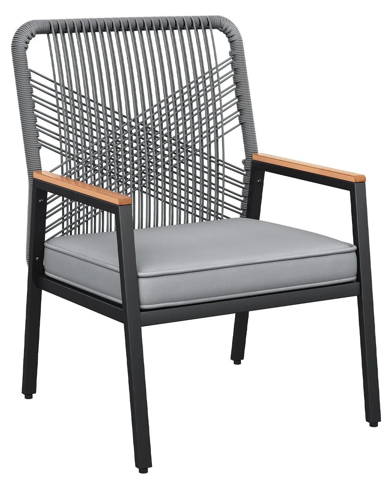 Gartenstühle Rattan 2er Set - Balkon Sessel Outdoor - Metallgestell - 8 cm dicke Sitzkissen - Für Terrasse und Garten - Schwarz Grau
