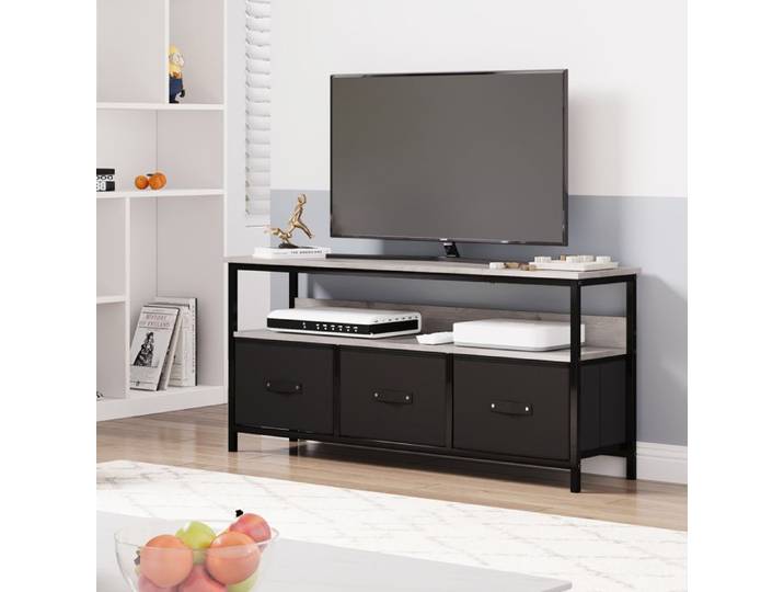 Meuble TV Style Industriel Design Noir et Bois 3 Tiroirs Banc TV Buffet Salon Elegant 120x30x57cm gris