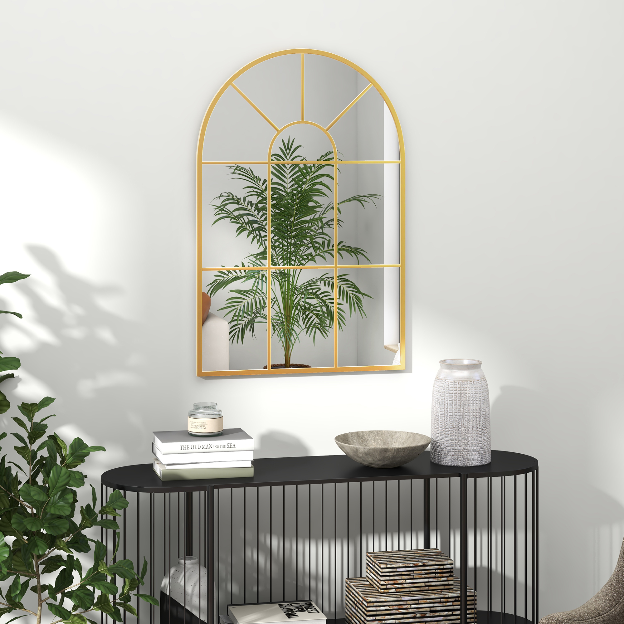 Homcom Specchio da Parete ad Arco in Vetro e Metallo Oro dallo Stile Moderno, 91x2x60 cm