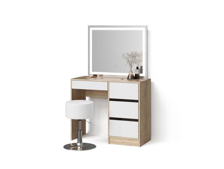 Livinity Schminktisch Imola , Sonoma LED-Spiegel · Hocker · 4 Schubladen · Freistehend · Grifflose Optik