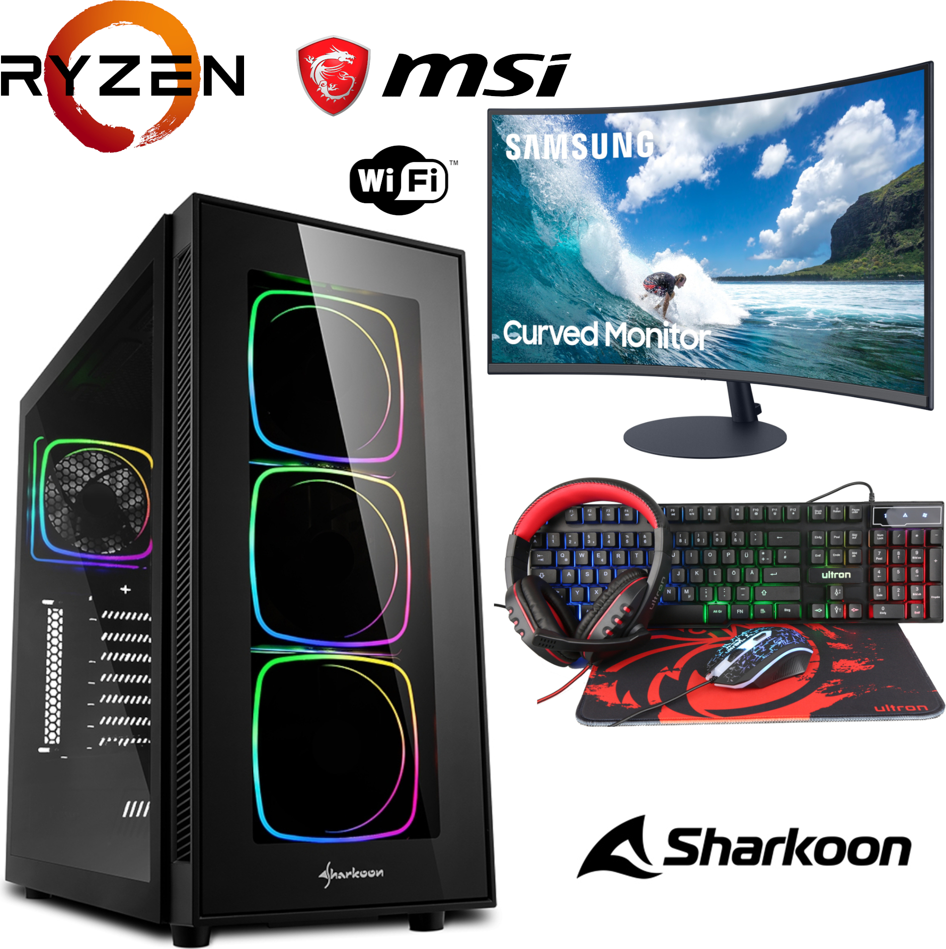 Gaming Komplett Set - Ryzen 5 5600G 6x4,4GHz - 16GB RAM - Radeon Graphics - Samsung Curved LCD LED Monitor - 4 in 1 Gaming Kit - RGB Echtglas Gehäuse