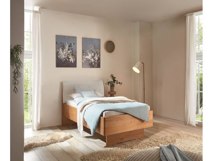Bettgestell mit Polsterkopfteil 90 x 200cm Kopfteil: Kunstleder Bettseiten: Spanplatte, foliert Fußteil: Massivholz Erle, lackiert