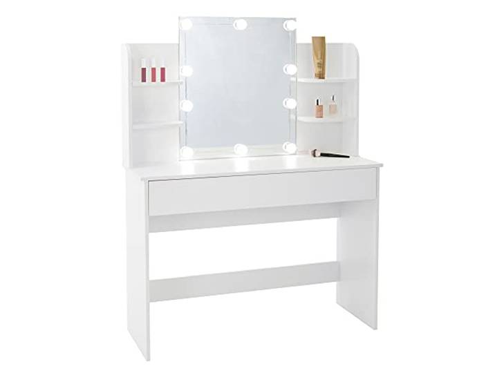 ECD Germany Schminktisch mit LED-Beleuchtung, Spiegel, Schublade, Fächern, 108x40x140 cm, Weiß, aus MDF Holz, Moderne Kosmetiktisch Schminkkommode Frisiertisch Frisierkommode Kommode Make-up Tisch