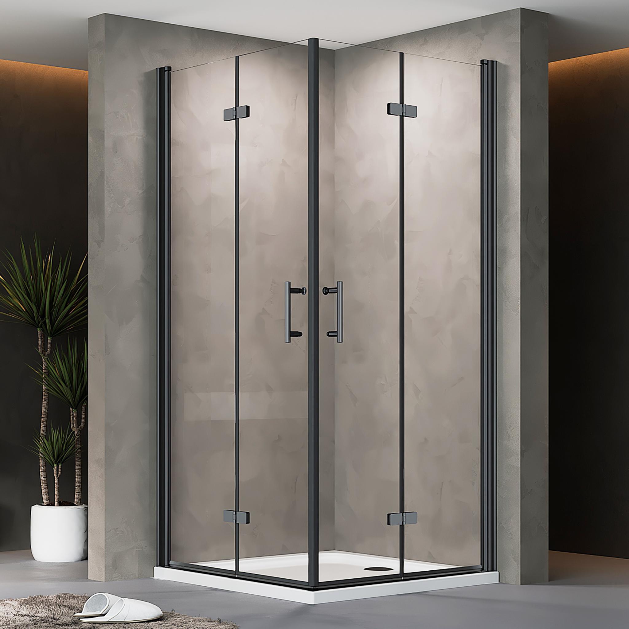 Falttür Duschkabine 90x90x195cm Eckeinstieg Schwarz Duschabtrennung Faltbar Eckdusche ESG-NANO GLAS Komplett Dusche Faltdusche Mit Duschwanne