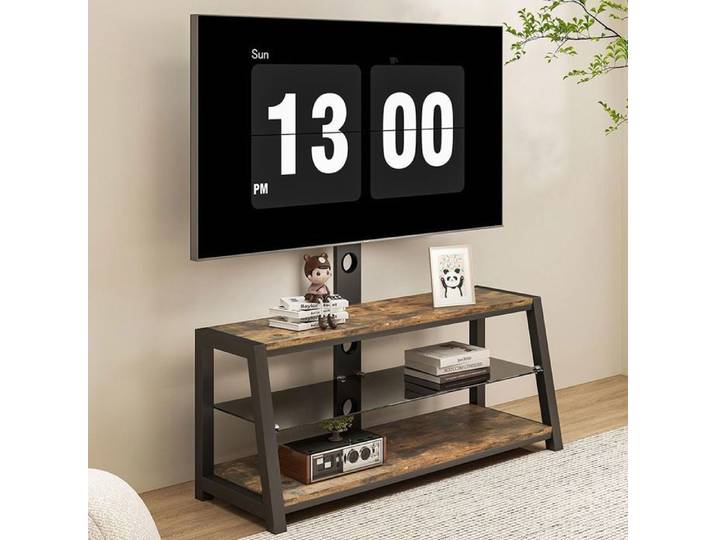 Meuble TV - 116x125x42 cm - Marron aspect bois - MDF+métal avec verre trempé - Support réglable pivotant 30°