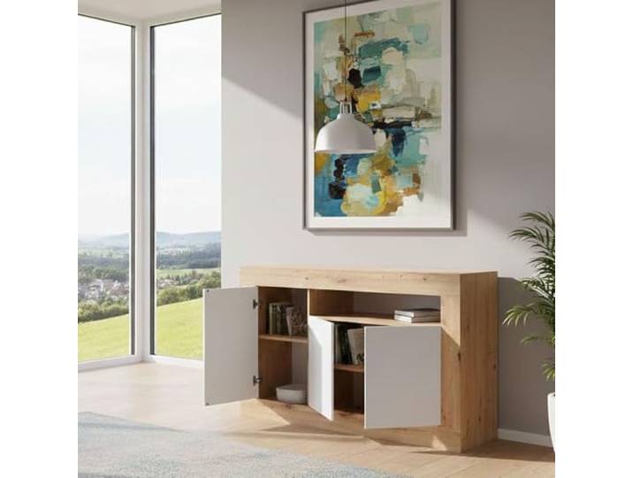 Dmora - Thornton Sideboard, Wohnzimmergarderobe, Wohnzimmerbuffet mit Fächern, TV-Ständer, modernes Sideboard mit 3 Türen, 144x42h87 cm, geknotete Eiche und Weiß