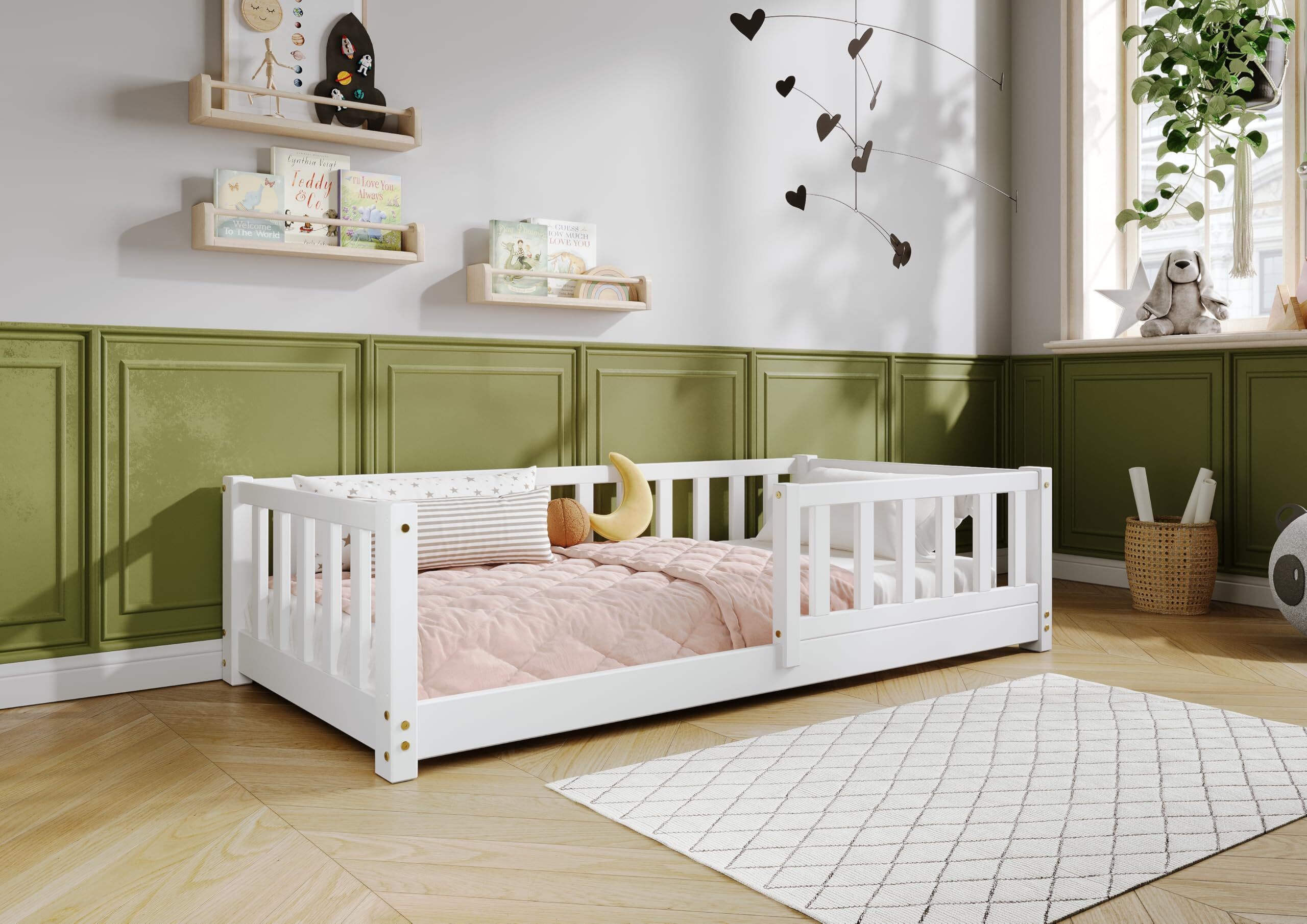 TIMBEE LENA Kinderbett Holz Kinderzimmer Bett - Weiß - 100x200cm - 3cm Beine