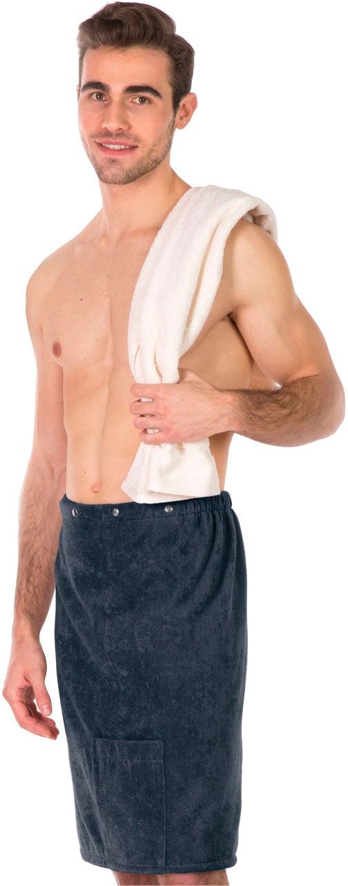 Sarong FRAMSOHN FROTTIER "Saunakilt Herren", grau (anthrazit), L:60cm, Frottier, Hausmäntel, Sarong, hergestellt in Österreich, Dehnbund & Druckknöpfe variabel verstellbar