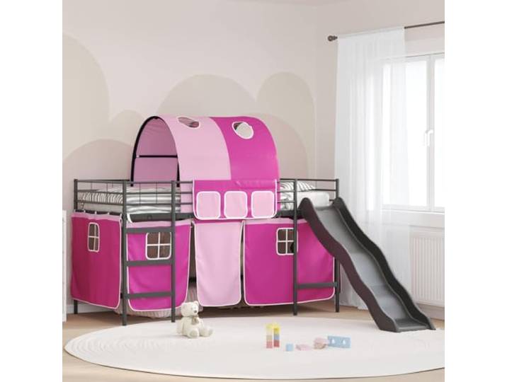 KTHLBRH Bett Loft für Kinder, Schwarz und Rosa, 107 x 203 cm Bogendesign, praktische Vorhänge, Spiel- und Ruhebereich, robuste Struktur