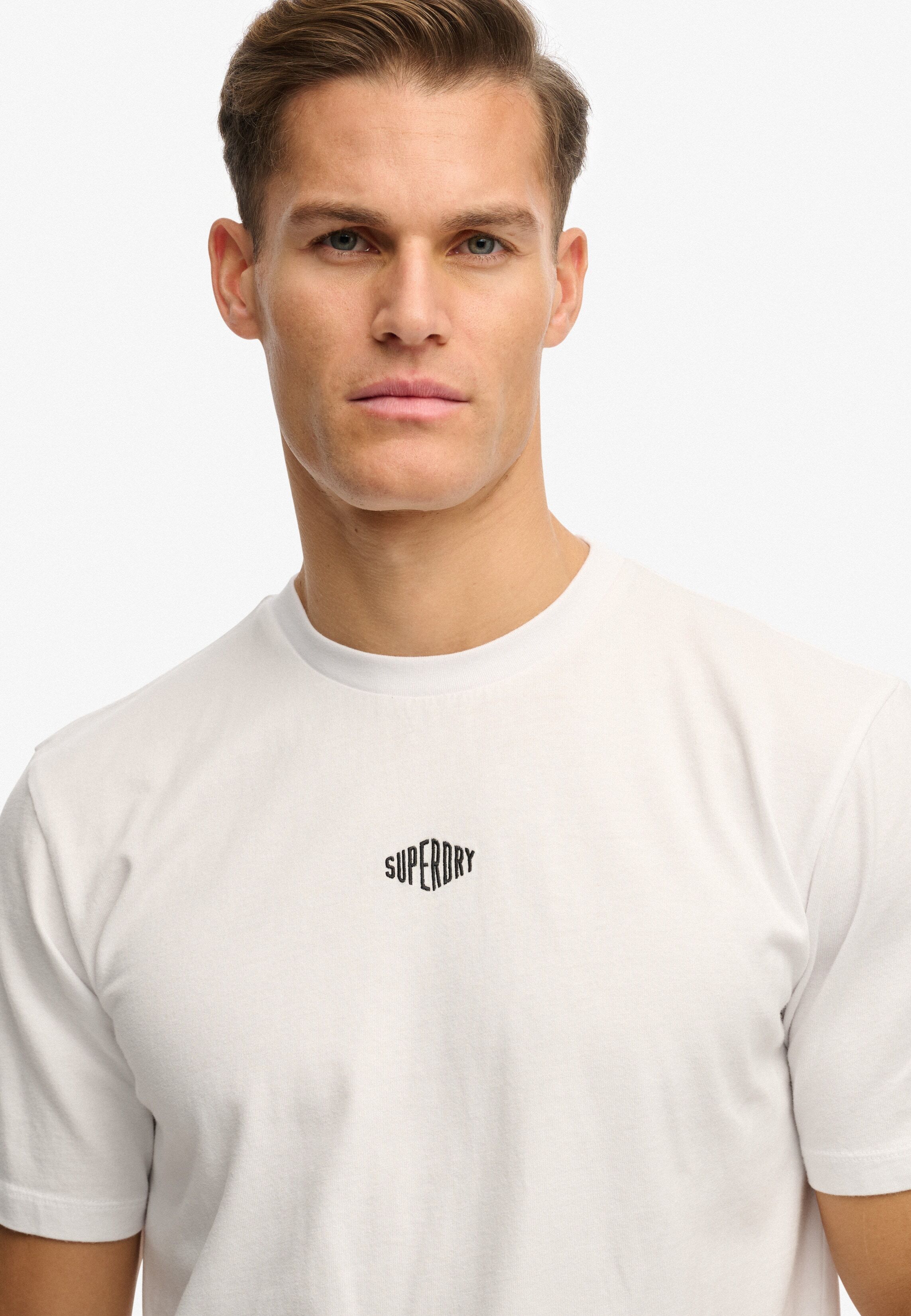 Rundhalsshirt SUPERDRY "MICRO LOGO TSHIRT", Herren, Gr. M, weiss (optic), Single Jersey, Obermaterial: 100% Baumwolle, unifarben, loose fit normal, Rundhals, Shirts Rundhalsshirt, mit Micro-Marken-Logo optic M