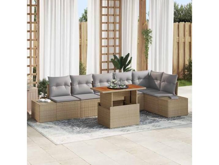 HEFZGDB 7-teiliges Poly-Rattan Garten Esszimmer Set mit Kissen in Beige und Grau für den Außenbereich Set Tischgruppe