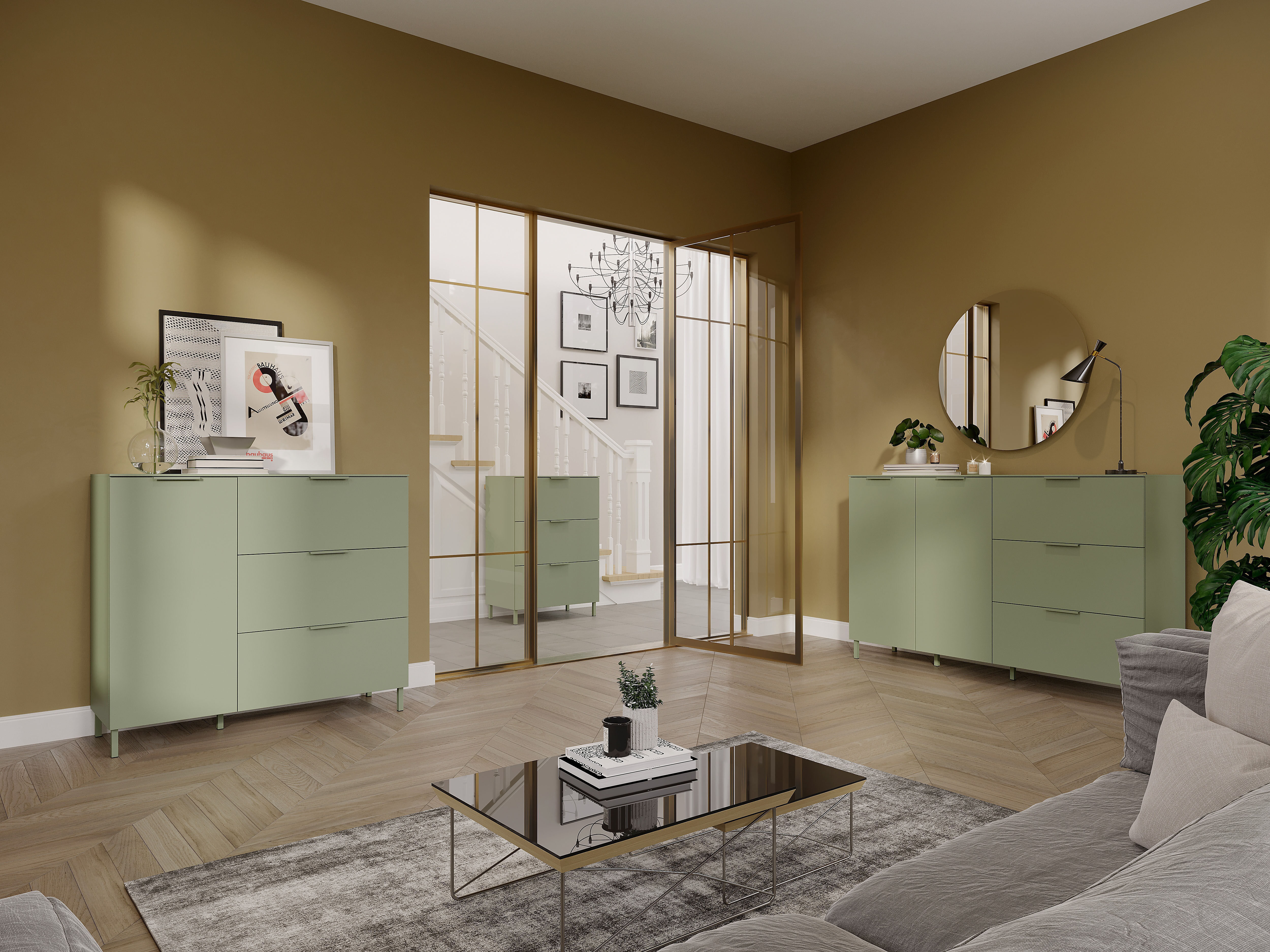 Sideboard GERMANIA "Savoca", grün (taupegrün), B:109cm H:98cm T:40cm, Holzwerkstoff, Sideboards, Sideboard, Breite 109 cm, Soft-close, 2 Fußvarianten inkl., Made in Germany