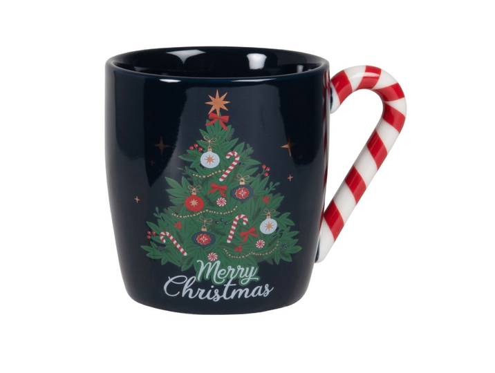 Becher aus Keramik mit Weihnachtsmotiven in Schwarz, Weiß, Grün, Rot und Gold