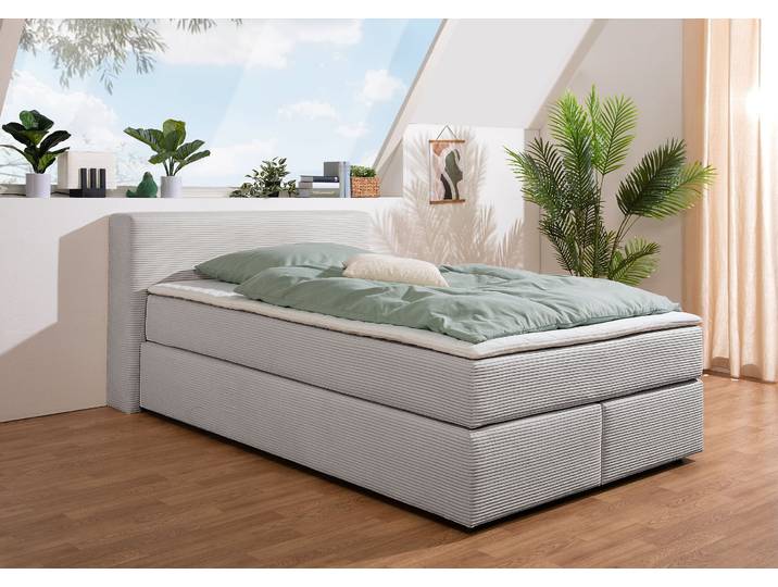 Boxspringbett, Grau, 147x225 cm, Cord, Inkl. Matratze & Topper, Skandinavisch, andas