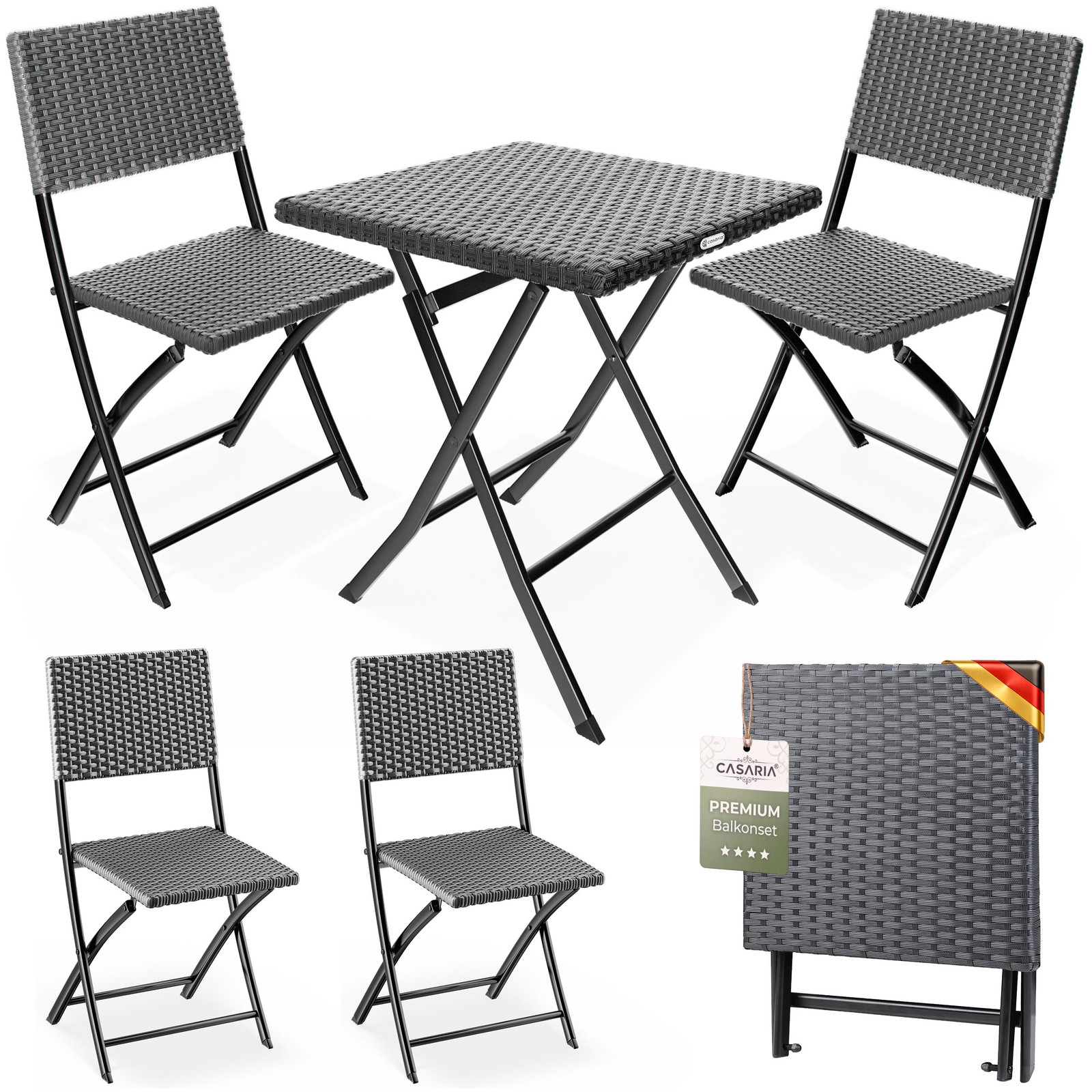 Casaria Polyrotan Balkonmeubilair Set, 3-delig, Inklapbaar, Antraciet