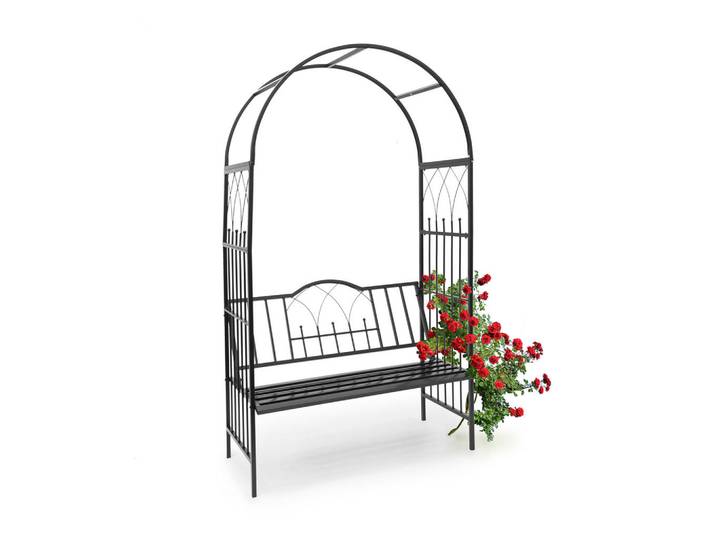 Relaxdays Rosenbogen Schwarz mit Bank 2-Sitzer, Metall, 114.5x203x59 cm, Dekoration, Gartendeko