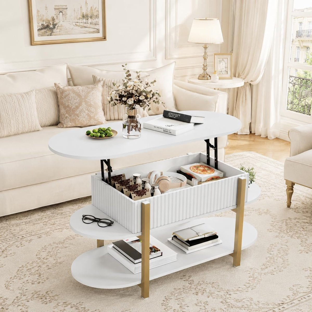 Moderne ovale salontafel met heffunctie en opbergruimte in het wit