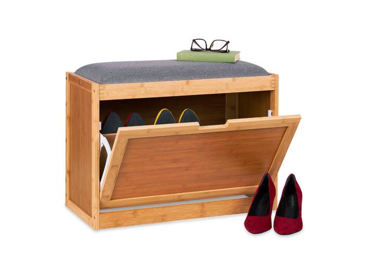 Relaxdays Schuhbank Natur Grau Bambus gepolstert, Hellbraun, Holz, 63x49x29.5 cm, Garderobe, Garderobenbänke, Schuhbänke