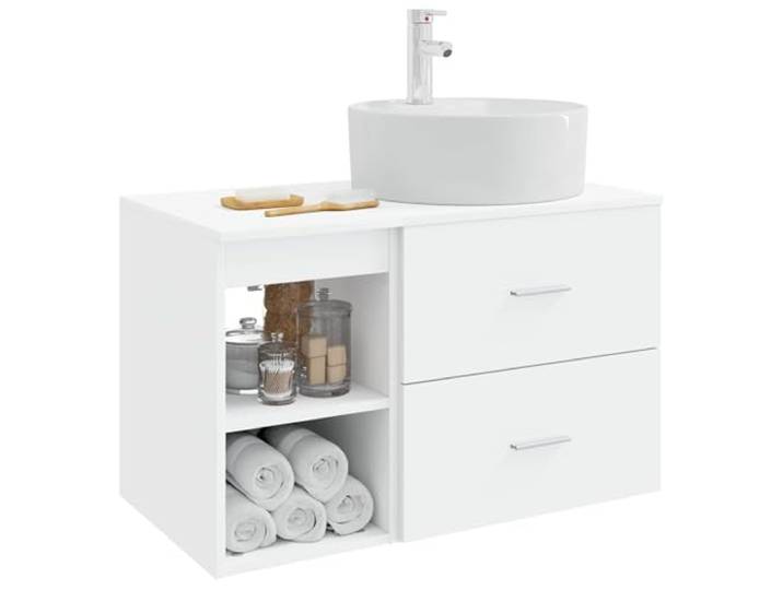 KTHLBRH Badezimmermöbel-Set 2-teilig weiß Holz technisch Wanddesign, 1 Einlegeboden, 1 Schublade, Waschbecken und Wasserhahn inklusive, Wandmontage
