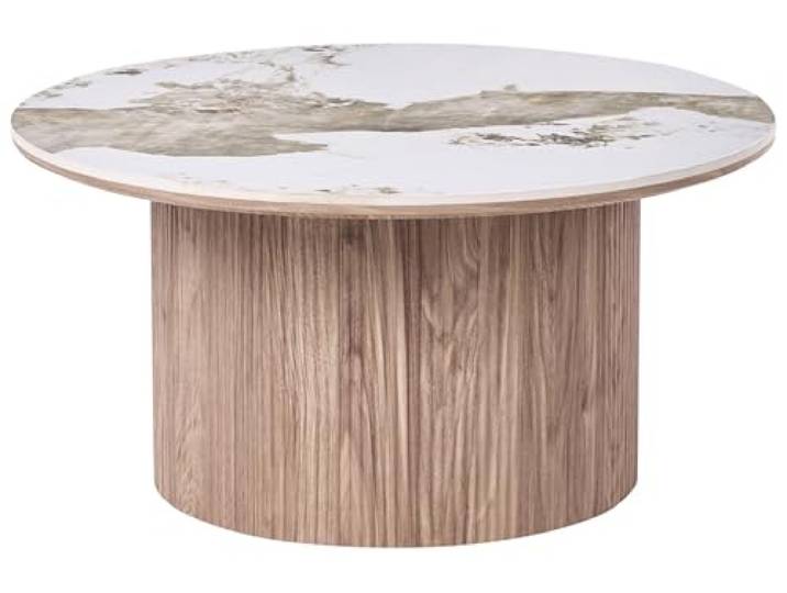 Beliani Couchtisch Braun Keramik Rund mit Rillen Standfuß Papierfurnier, Belastbarkeit 32 kg, 80 x 80 x 40 cm
