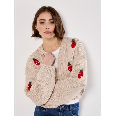Cardigan APRICOT "Grobe Strickjacke", Damen, Gr. S (36), beige (stein), Strick, Obermaterial: 100% Polyester PES., uni, Strickbündchen, Strickjacken, mit Erdbeerstickerei