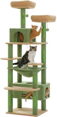 Inspired Finds PurrPalace Multi Level Cat Tree Tower With Hammock, Condo & Scratching Posts green & Brown (cactus Style)
