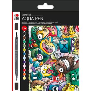 Marabu Aquarellstifte Aqua Pen Graphix, Mega Mash, farbig sortiert, Pinsel- und Rundspitze, 12 Stück