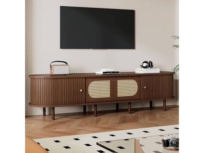 Merax TV Ständer Ovaler in Nussbaum dunkel, Lowboard TV Board mit 2 Schiebetüren & 2 Rattan-Falttür, TV-Schrank für 80-Zoll-Fernseher, Landhausstil Sideboard, Fernsehschrank für Wohnzimmer, 180cm