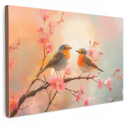 LEINWANDBILD Rotkehlchen - Zierpflanze - Blütenzweig Gemälde 60x40 cm
