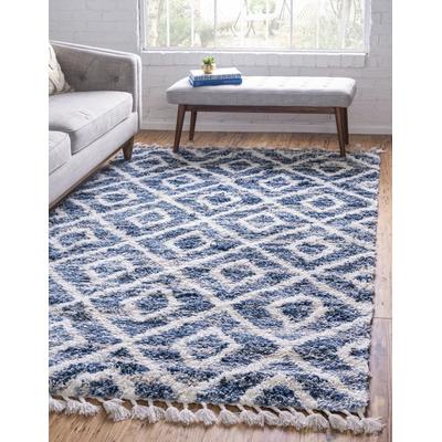 Hochflor-Teppich "Top Shag, LAGERRÄUMUNG", blau (blau, elfenbeinfarben), B:66cm H:32mm L:91cm, Polypropylen (PP), MYFLAIR MÖBEL & ACCESSOIRES, Teppiche, Fransenteppich, gewebt, Rauten Design, melierte Optik, weich & kuschelig, mit Fransen