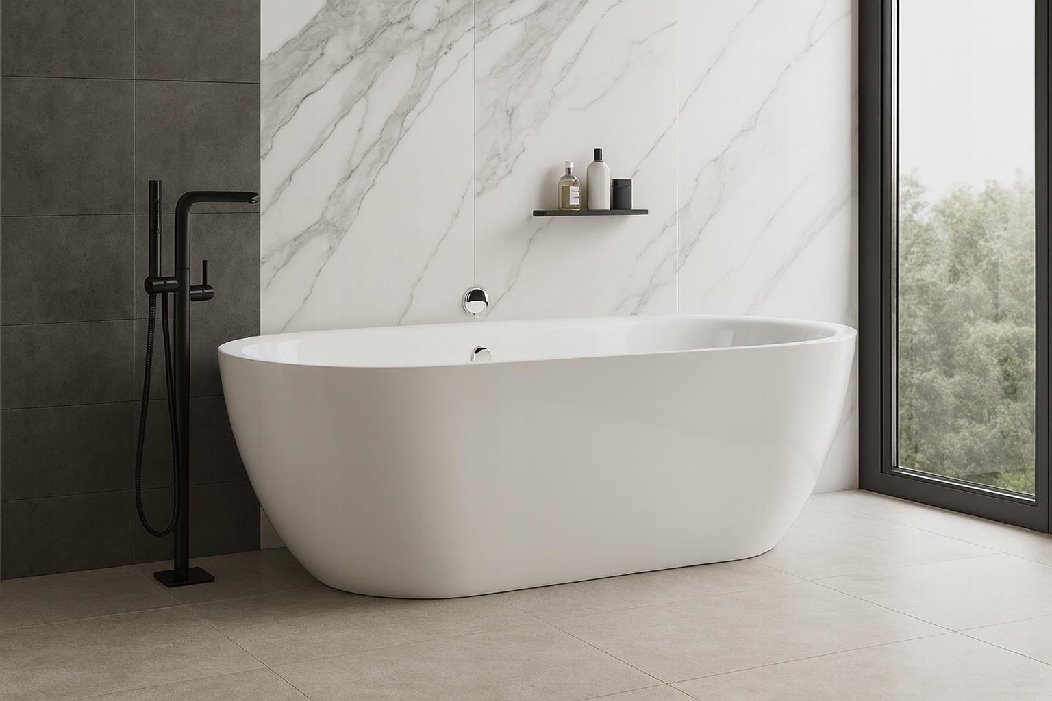 Corciano Freistehende Badewanne Bari 150x75 cm Weiß | Kompakte Raumsparbadewanne Oval | Sanitäracryl inkl. Siphon & Ablaufgarnitur