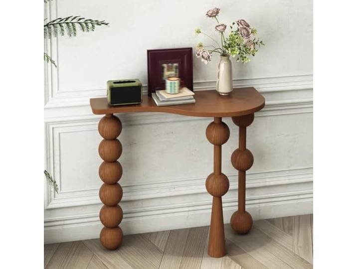 Massivholz Unregelmäßiger Konsolentisch, Retro Flurtisch mit Rundbeinen Künstlerischer Geometrischer Flurtisch,Moderner Schlanker Sofatisch als Beistelltisch für Wohnzimmer(Brown,L80cm/31.4in)