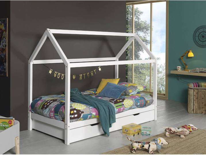 Hausbett VIPACK Dallas, Hausbett Kiefer massiv, stabil gebaut, mit Rolllattenrost , weiss (weiß), B:98cm H:158,5cm L:208cm, Boden Bettschublade Hartfaser, Betten, Hausbett, wahlweise mit oder ohne Bettschublade, 2 Farben zur Wahl