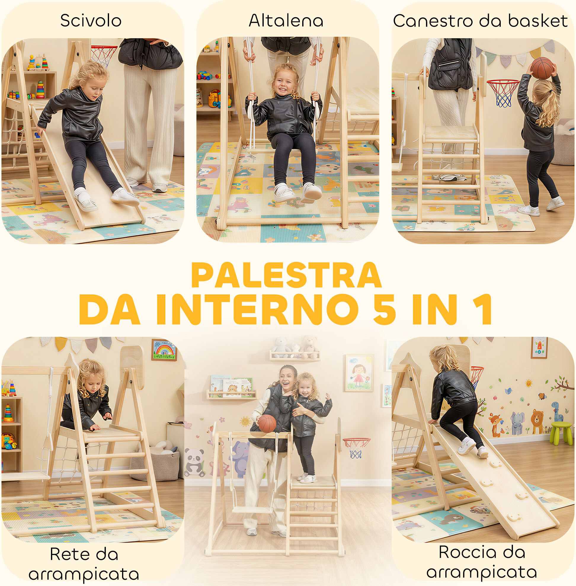 Altro Gioco Arrampicata 5 In 1 Pieghevole Con Scivolo, 2 Pareti, Altalena E Canestro, In Legno, 140x172.5x116.5 cm