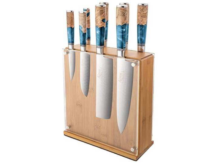 Katana Saya Elements 9-teiliges Messerblock-Set, Ozeanblau – VG-10-Damaststahl mit hohem Kohlenstoffgehalt für extreme Robustheit und Schärfe – Griff aus natürlichem Olivenholz und Harz
