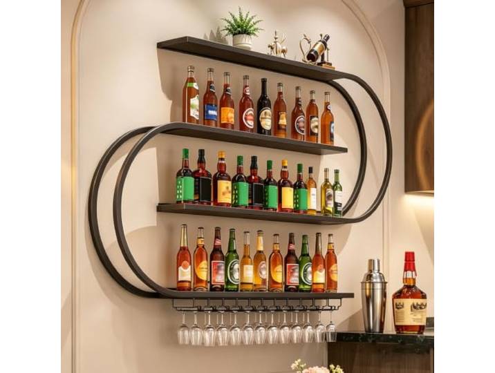 Weinregal Metall Wand 4-stöckiges (120cm) Modernes Weinregale Display Rack Hängend, Bar Regale Wand ,für Bars, Wohnzimmer, Küche, Restaurant
