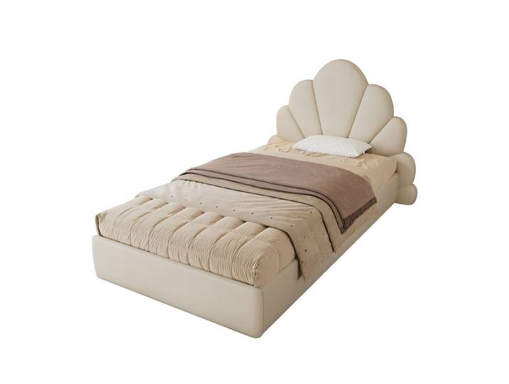 i@home Polsterbett Einzelbett, Samt, Weiß 90x200cm, Kopfteil mit geschwungenen Blütenblättern