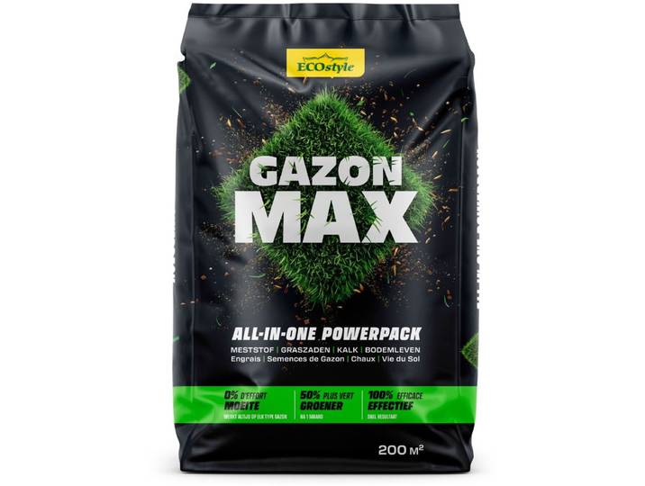 ECOstyle GazonMax 10 kg - All-in-one Powerpack - Gazonmest\, Graszaad\, Kalk & Bodemleven - voor 200m2 gazon - 0% moeite - 50% groener na 1 maand - 100% effectief