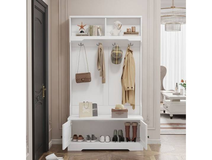 ELVORIN meuble d entree blanc 101 5 x 183 cm banc integre quatre crochets deux compartiments ouverts