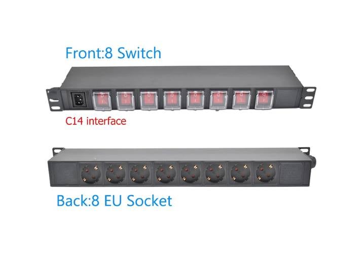 Prises d'armoire PDU multiprise, interface C14, unité de distribution d'alimentation, interrupteur indépendant, interrupteur avant 8, sortie arrière 8 prises