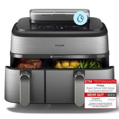 PHILIPS Heißluftfritteuse "NA555/00 Steam Airfryer 5000 Series Dual Basket, 9L Kapazität (3L+6L)", silber (silber, edelstahl), B:44,39cm H:38,25cm T:35,17cm, Fritteusen, mit Dampfgar-Funktion; Silber/Edelstahl