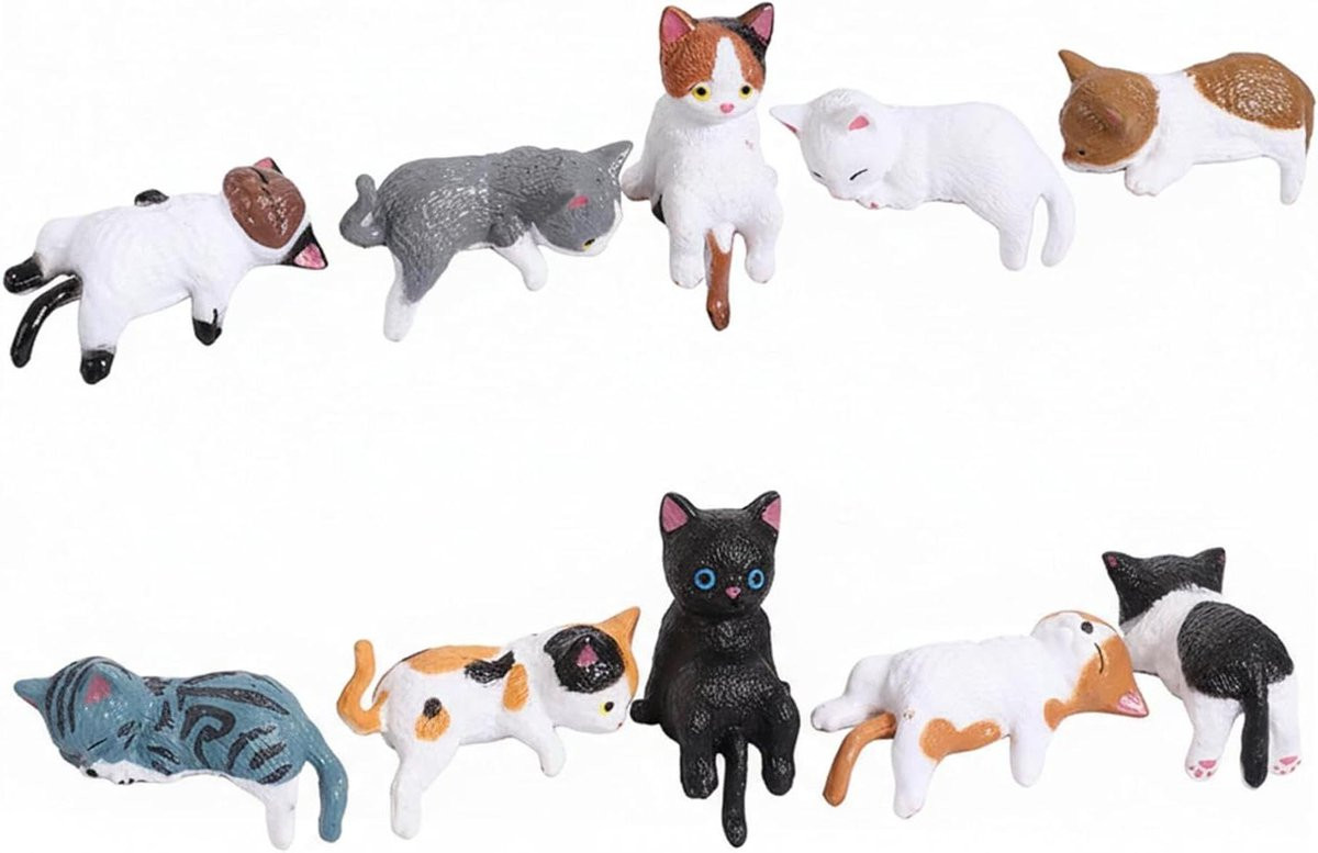 Set van 10 Multicolor Mini Kat Beeldjes van Hars voor Bureau Decoratie
